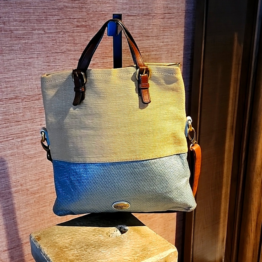 FOSSIL BURLAP AND LEATHER BAG